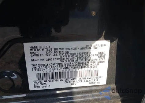 2014 Mitsubishi Outlander Sport Es из США, поврежденный, VIN 4A4AP3AU0EE030184